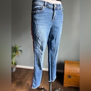 Distressed Blue Jeans with Red Stripe